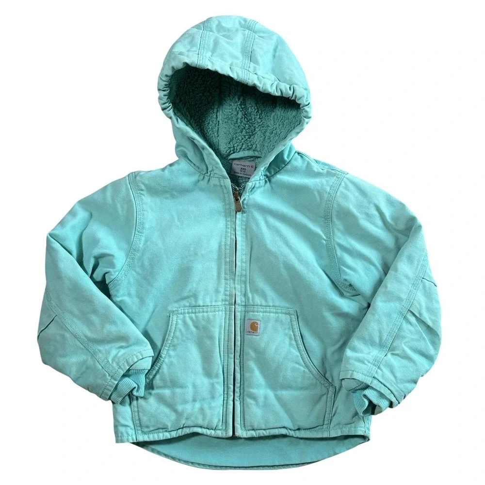 Carhartt Jacket Kids 5 Green Hooded Canvas Sherpa Lined Zip Workwear Warm Winter